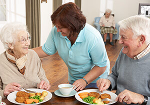 A caregiver chats with an elderly couple as they eat a meal